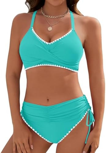 Women's Bikini Sets V Neck High Waisted Swimsuits Shell Stitched Two Piece Swimsuit Tie Side Swim... | Amazon (US)