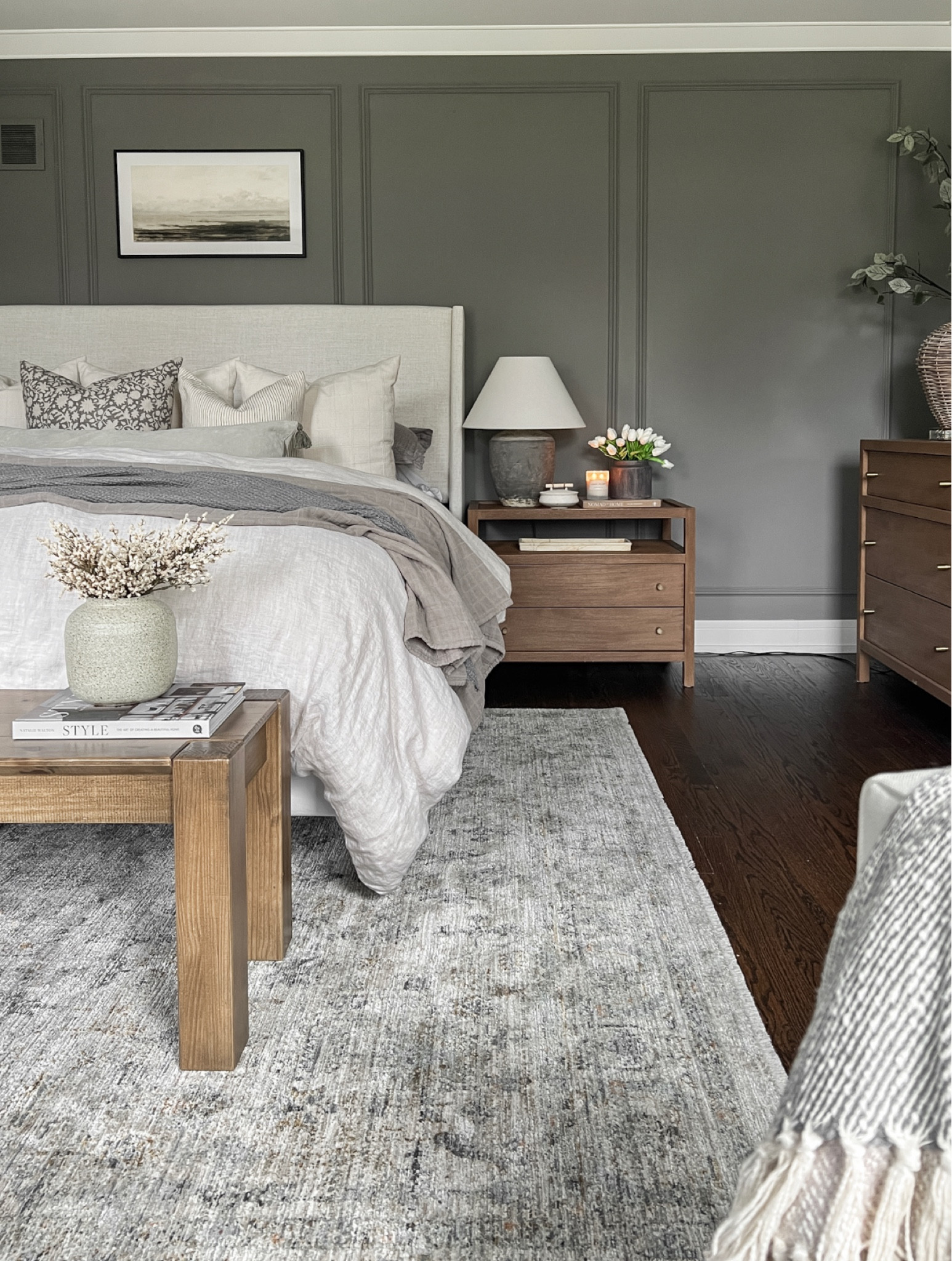 Primary bedroom styling. I love the size of these nightstands. They’re perfect for holding a lot without overcrowding and have built in charging in the drawer so all cords stay hidden! This new area rug is also so pretty - we have the beige/mist

#LTKhome #LTKstyletip #LTKSeasonal