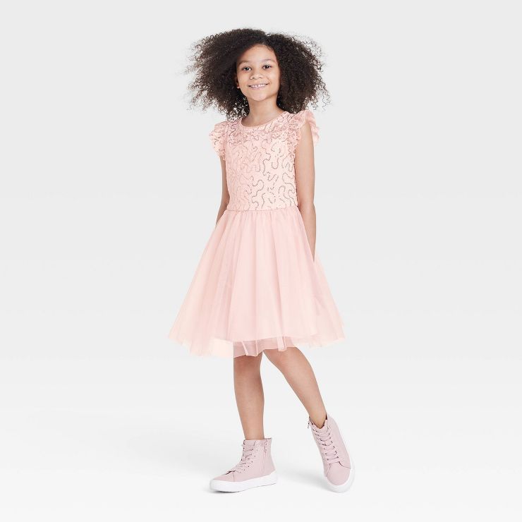 Girls' Flutter Sleeve Dress - Cat & Jack™ Blush Pink | Target