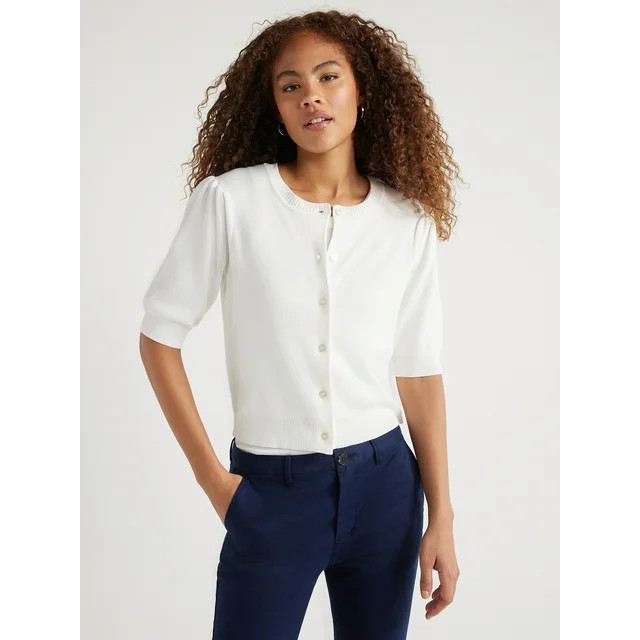 Free Assembly Women's Cardigan Sweater with Short Puff Sleeves, Midweight, Sizes XS-XXL | Walmart (US)