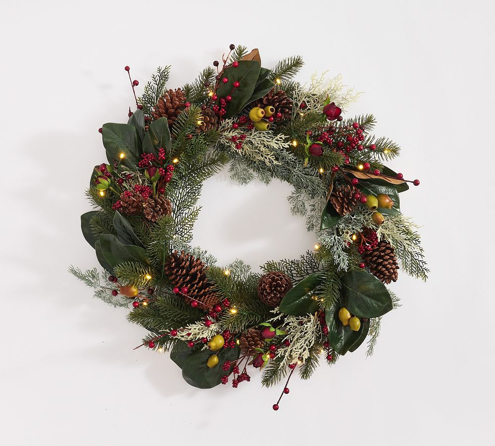 Lit Faux Pine and Berry Wreath & Garland | Pottery Barn (US)