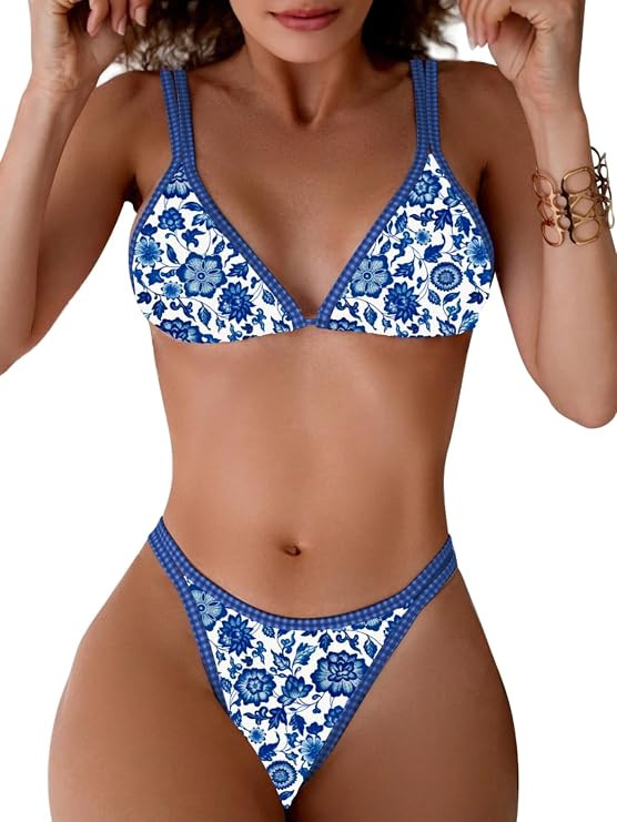 Women's Double Strap Bikini Set Contrast Triangle Two Piece Swimsuit High Cut Bathing Suit | Amazon (US)