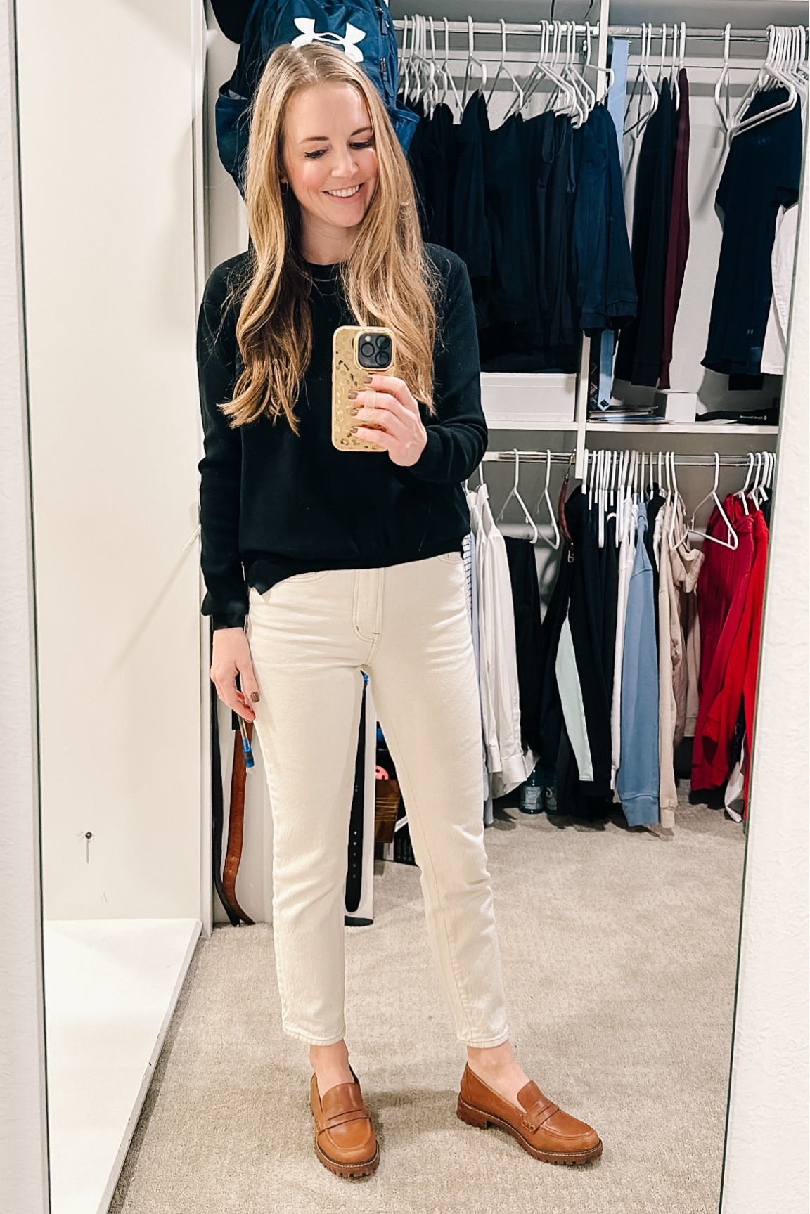 Snagged these cream jeans on thredUP (this is one of my favorite cuts of jeans - I have them in black and blue also).

Paired with this side zip sweater (you can’t really see the silver zippers on each side in this photo) and my favorite loafers.