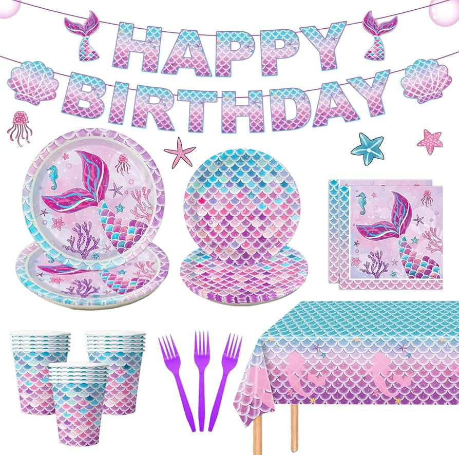122Pcs Mermaid Birthday Party Decorations Set Mermaid Party Supplies Includes Plates, Napkin, For... | Amazon (US)