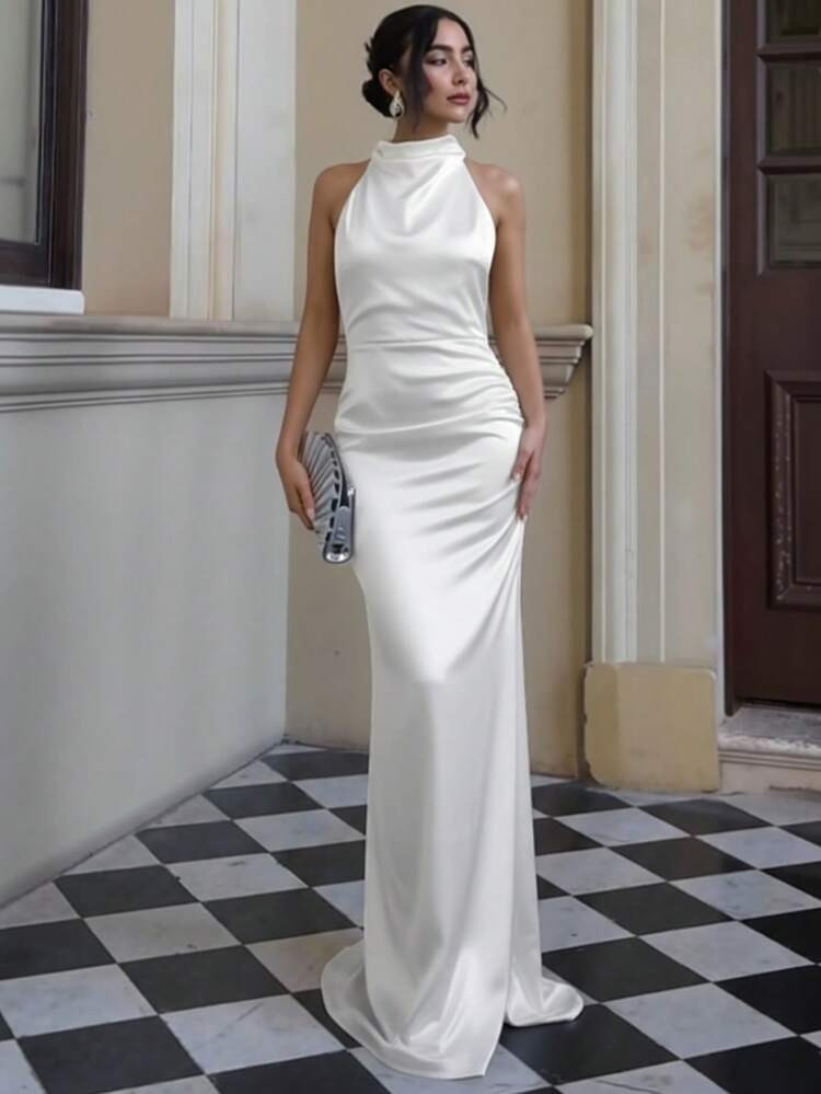 Basrey New Elegant White Solid Color Tie Neck High Waist Pleated Fitted Backless Cocktail Dress, Mermaid Skirt, Long Dress, Suitable For Wedding, Party, Date And Other Occasions
4.50
(30)
 | SHEIN