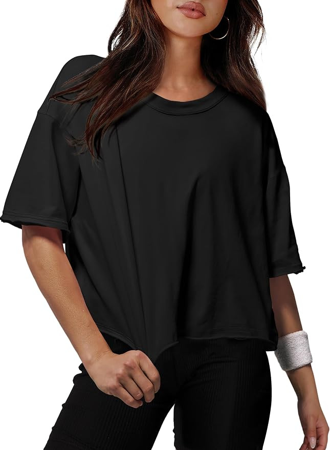 XIEERDUO Cotton Tshirts for Women Drop Shoulder Round Neck Oversized Crop Tops Workout Tops Tees | Amazon (US)