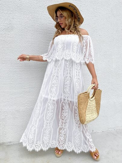 Plus Lace Flounce Trim Bardot Dress | SHEIN