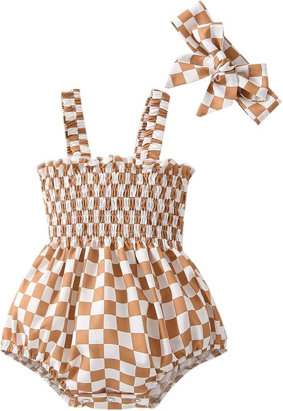 Baby Girls Summer Rompers Dress Newborn Plaid Floral Sunsuit Clothes Jumpsuits Headband Outfits | Amazon (US)