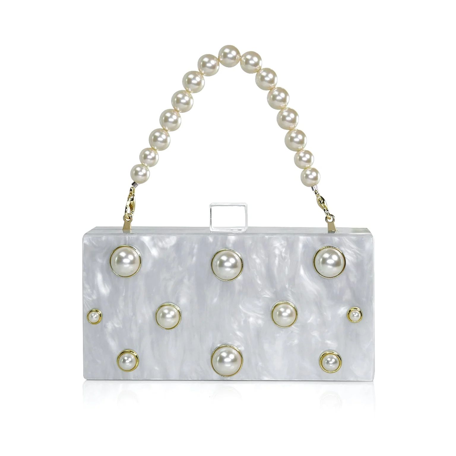 Pearl Embellished White Acrylic Clutch with Pearl Top Handle | Verishop