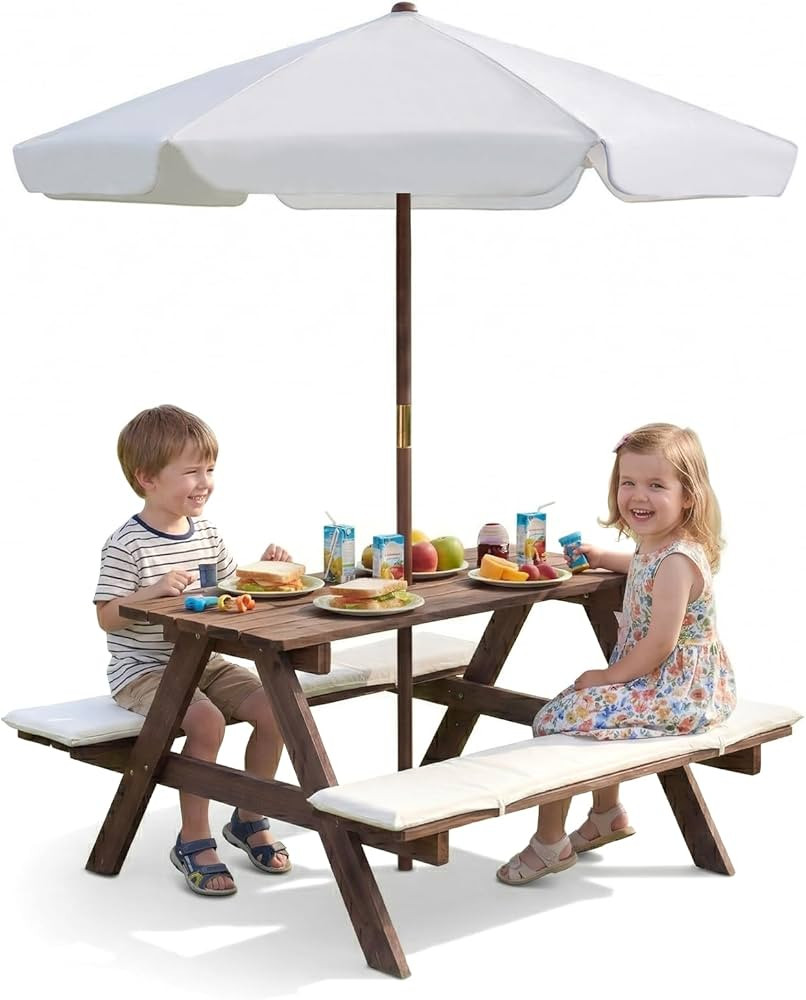 Olakids Kids Picnic Table, Outdoor Wooden Bench Set with Cushions Adjustable Foldable Umbrella fo... | Amazon (US)