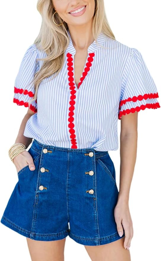 Yeokou Womens Striped Shirt V Neck Short Puff Sleeve Cotton Pullover Top Casual Summer Button Dow... | Amazon (US)
