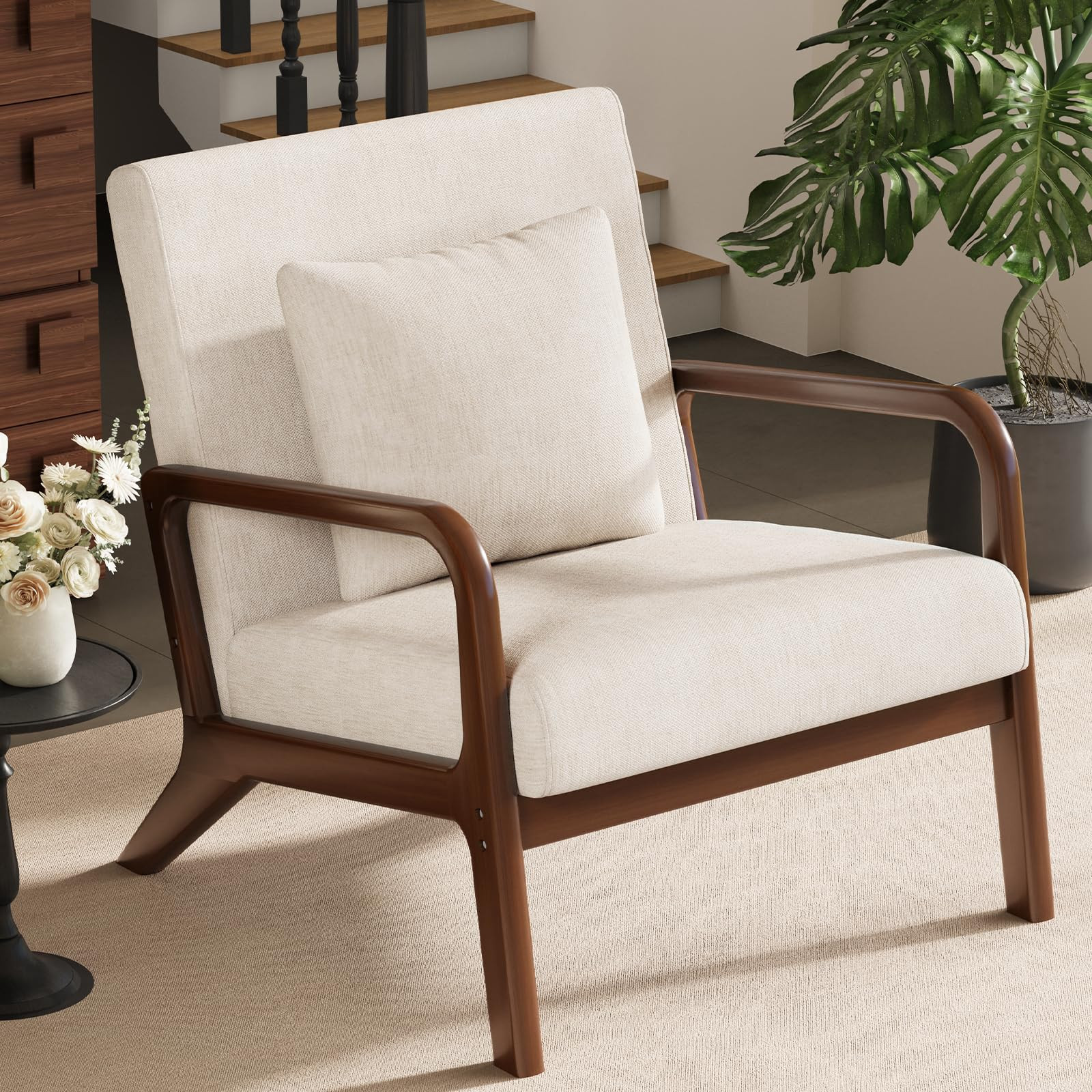 ELUCHANG Mid-Century Modern Chair,Accent Chair with Lumbar Pillow,Upholstered Armchair,Linen Fabr... | Amazon (US)