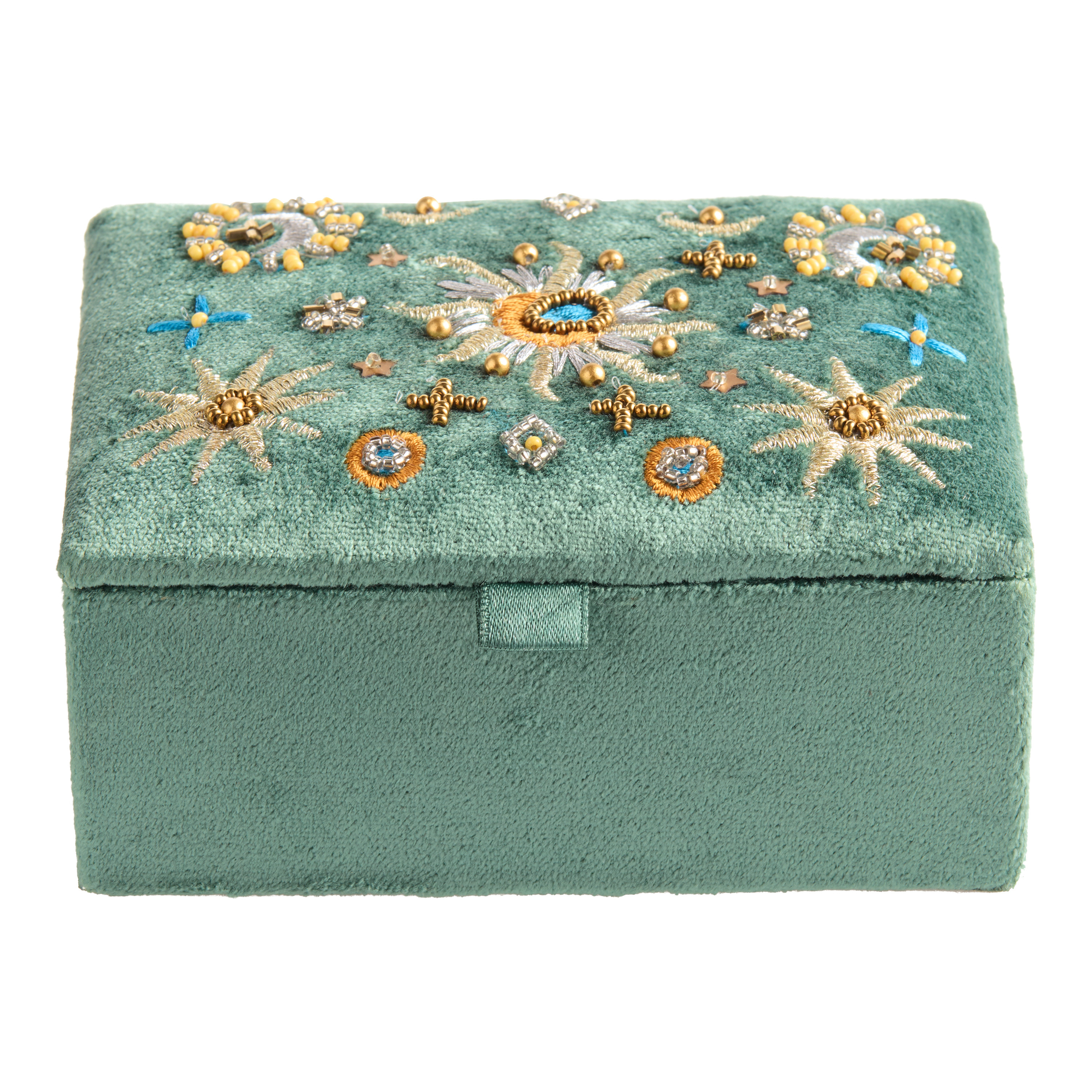 Green Velvet Celestial Beaded Travel Jewelry Box | World Market