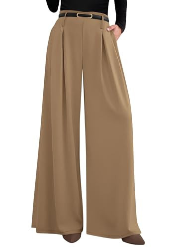PRETTYGARDEN Womens Wide Leg Dress Pants Flowy Trousers,Khaki,M | Amazon (US)