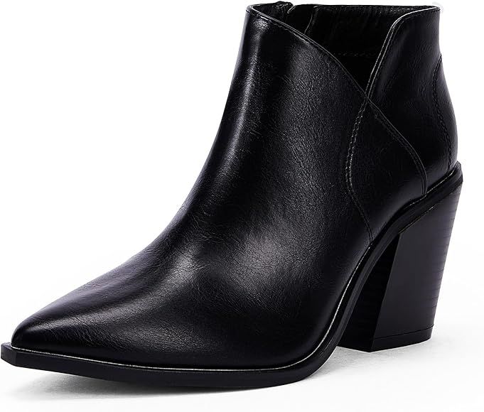 Womens Ankle Boots V Cutout Pointed Toe Western Booties Chunky Heel Side Zipper Chelsea Boots | Amazon (US)