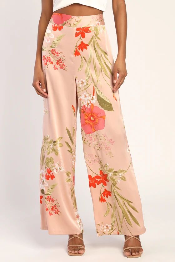 Thriving Vibes Light Pink Floral Print Satin Wide-Leg Pants | Lulus (US)