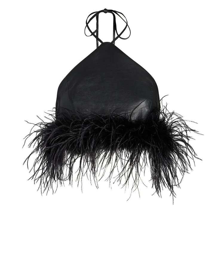 Aissa Feather-Trimmed Leather Halter Top | INTERMIX