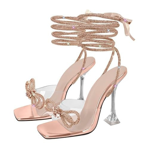 sexytag Gold Heels Clear Bow Heels Diamante Lace Up Strap Sparkly Rhinestone Stiletto Heel Sandals Crystal Diamond Embellished Open Toe Strappy High Heels Cute Wedding Dress Party Shoes Gold Size 9 | Amazon (US)