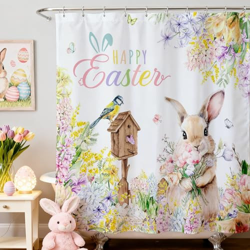 Mocsicka Easter Shower Curtain – Cute Floral Spring Happy Easter Bunny Shower Curtains for Bathroom, Waterproof Washable Farmhouse Bath Curtain (Multicolor, 71x71inch) | Amazon (US)