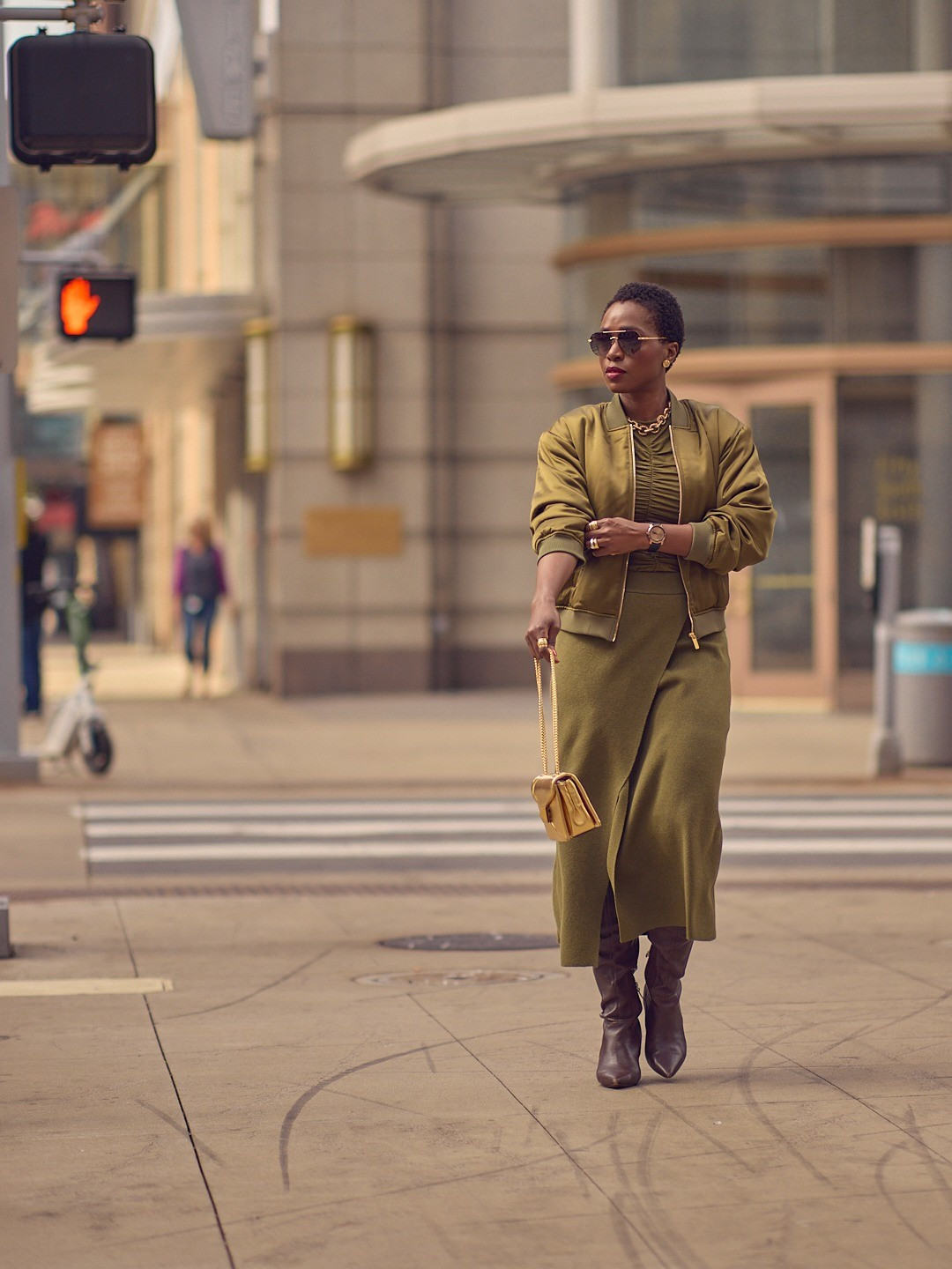 Loving olive tones for Fall! 🫒 monochrome Fall outfit, all green outfit, midi knit skirt, bomber jacket, metallic gold accessories, aviator sunglasses, knee-high brown boots, Macy's Fall fashion, Sam Edelman, Target fashion finds, elevated casual style, outfit inspo

#LTKOver40 #LTKFindsUnder100 #LTKStyleTip