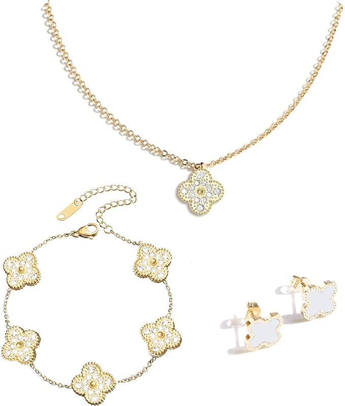 MINTER 3 Pcs Lucky Four-Leaf Clover Jewelry Set, Shine Diamond Gold-Plated Titanium Steel Necklac... | Amazon (US)