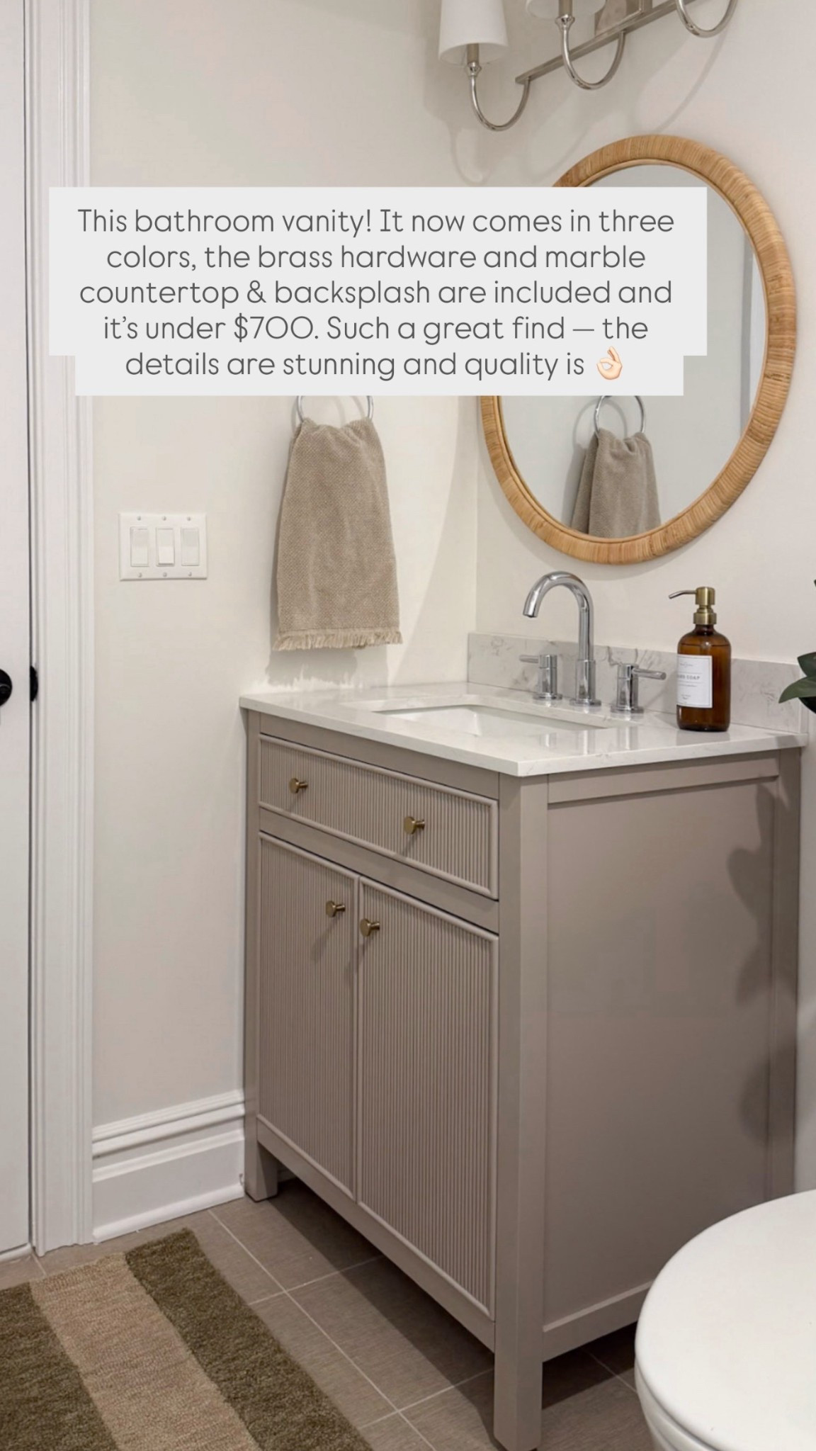 This Lowe’s bathroom vanity! It now comes in three colors, the brass hardware and marble countertop & backsplash are included and it’s under $700. Such a great find — the details are stunning and quality is 👌🏻

#LTKHoliday #LTKHome #LTKSeasonal