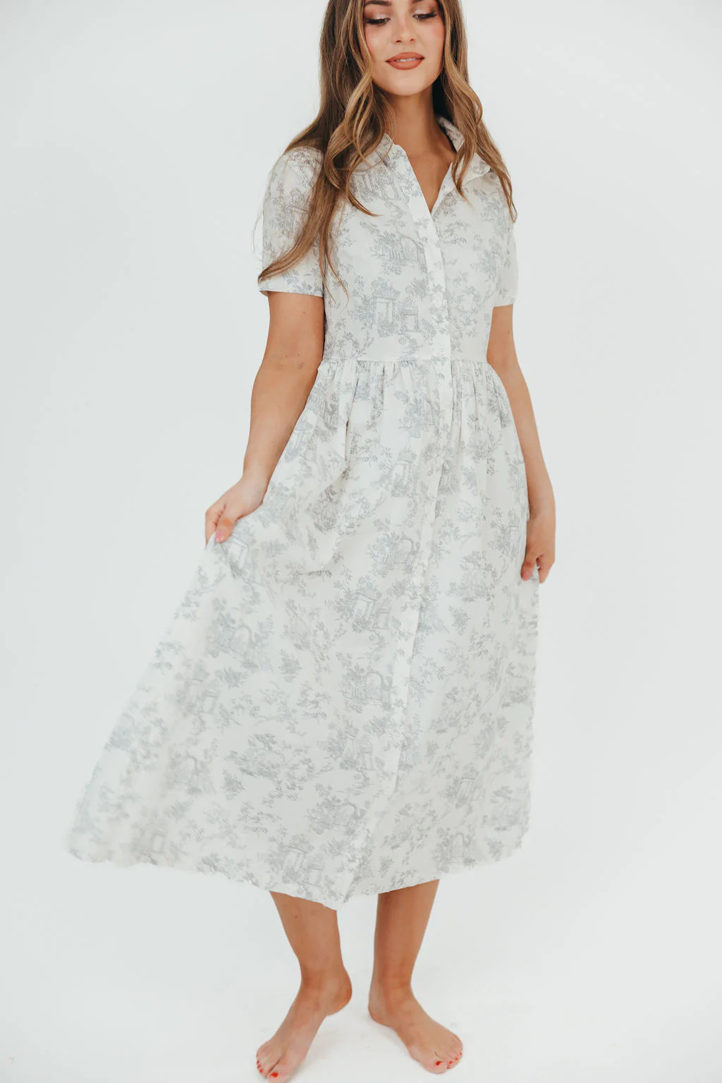 Coastal 100% Cotton Midi Dress in Ivory/Grey/Blue - Bump & Nursing Fri | Worth Collective