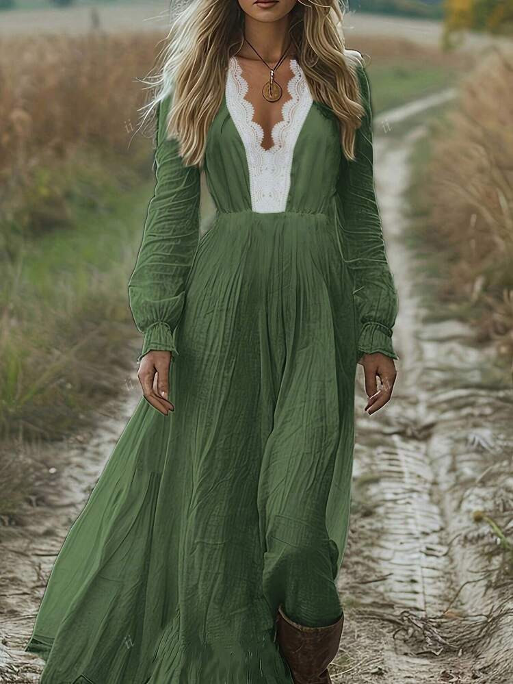 Ii Vintage Bohemian High Waist Floral Lace V-Neck Maxi Dress | SHEIN