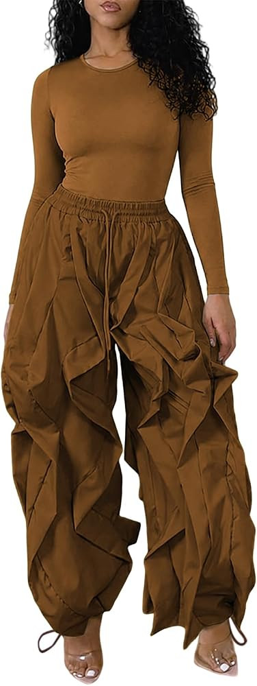 knowfashionstyle Women 2 Piece Outfits Cargo Parachute Pants Set Long Sleeve Top Baggy Y2K Balloo... | Amazon (US)