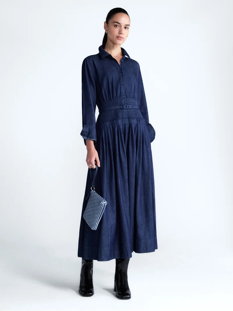 Free Assembly Women's and Women's Plus Belted Smocked Waist Denim Midi Shirtdress, Sizes XS-4X | Walmart (US)