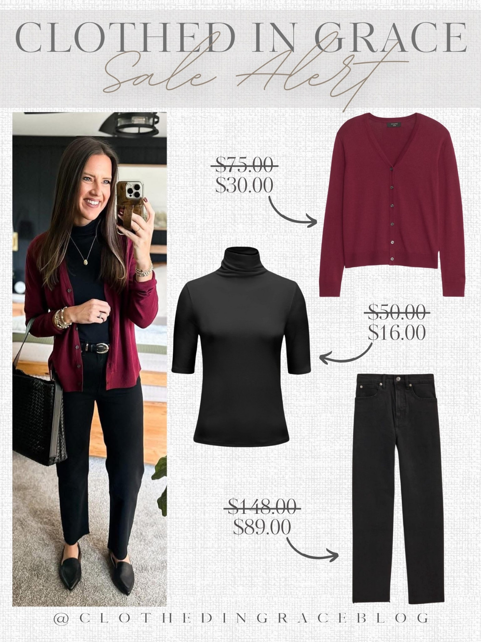 The lowest I’ve ever seen these jeans! 

Cardigan - medium 
Mock neck - small
Jeans - size 27 (29 inseam option) 