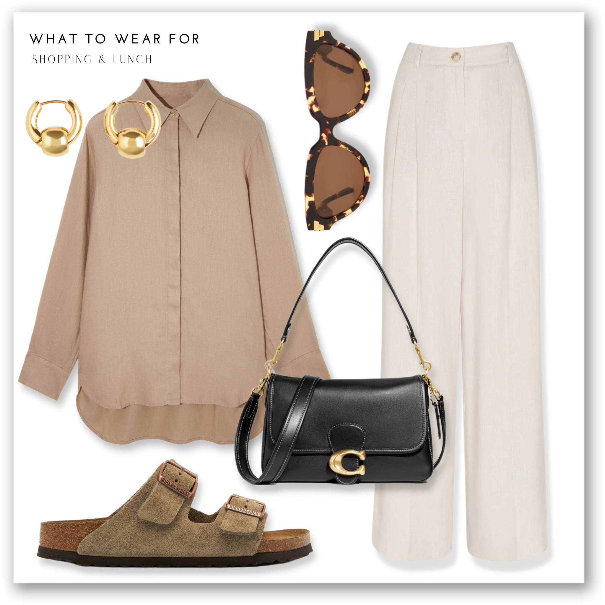 A casual smart day look 

Beige shirt, cos, whistles, white linen trousers, Birkenstock Arizona sandals, coach bag, tortoiseshell sunglasses, gold hoops, H&M, neutral style, matches fashion, mybag 

#LTKstyletip #LTKshoecrush #LTKSeasonal