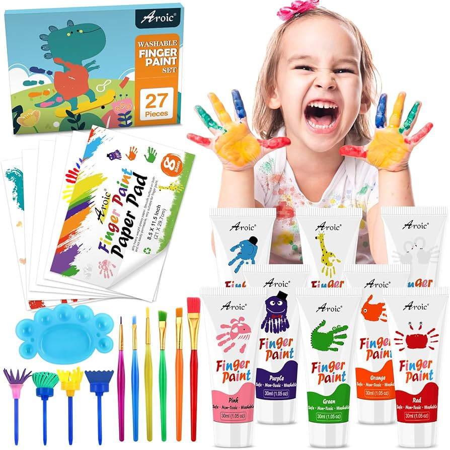 27PCS Kids Washable Finger Paint Set, 8 Colors Non Toxic Finger Paints, Finger Paint Paper, Brush... | Amazon (US)