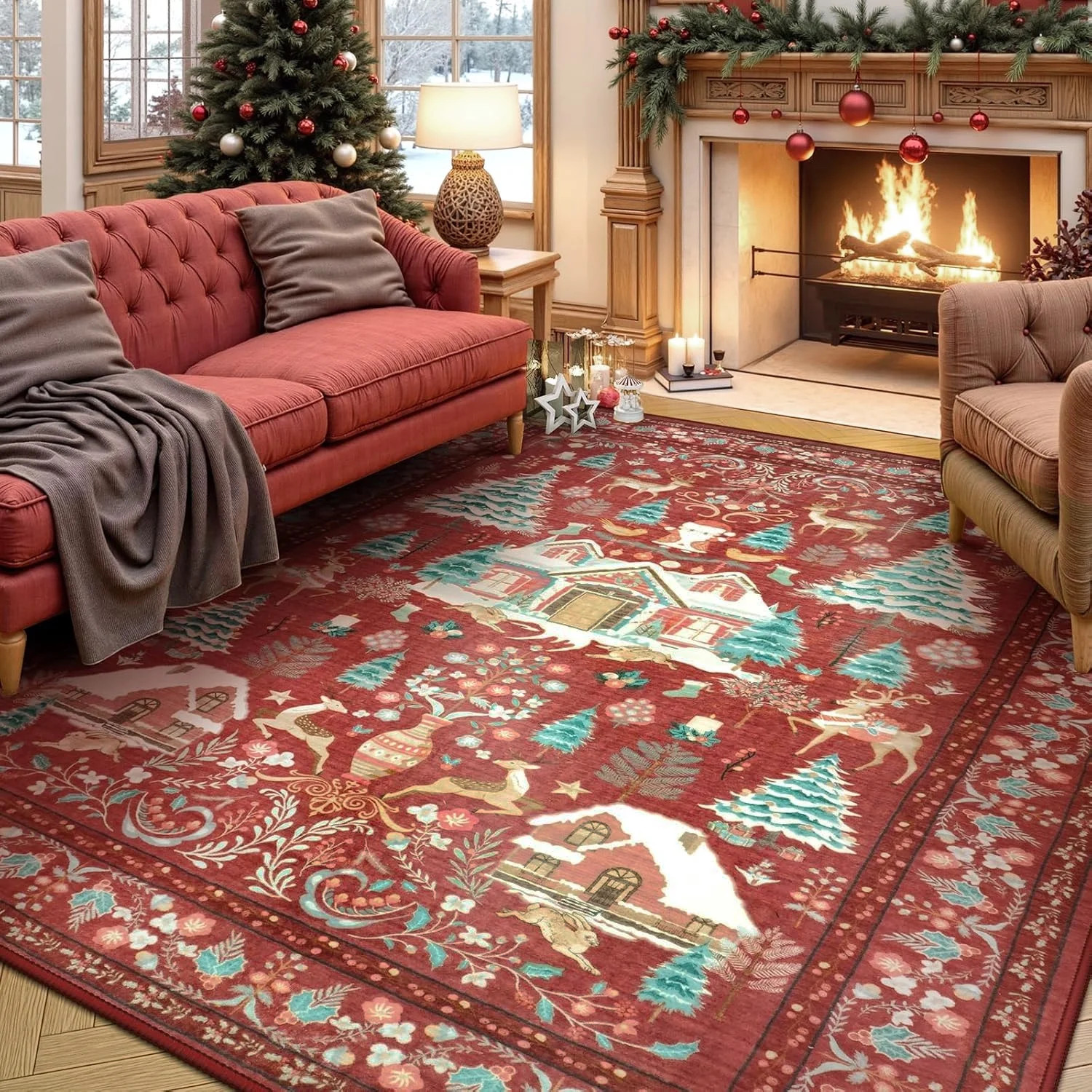 Moynesa 8'x10' Large Christmas Rug for Living Room, Washable Non-Slip Area Rug, Soft Vintage Holi... | Walmart (US)