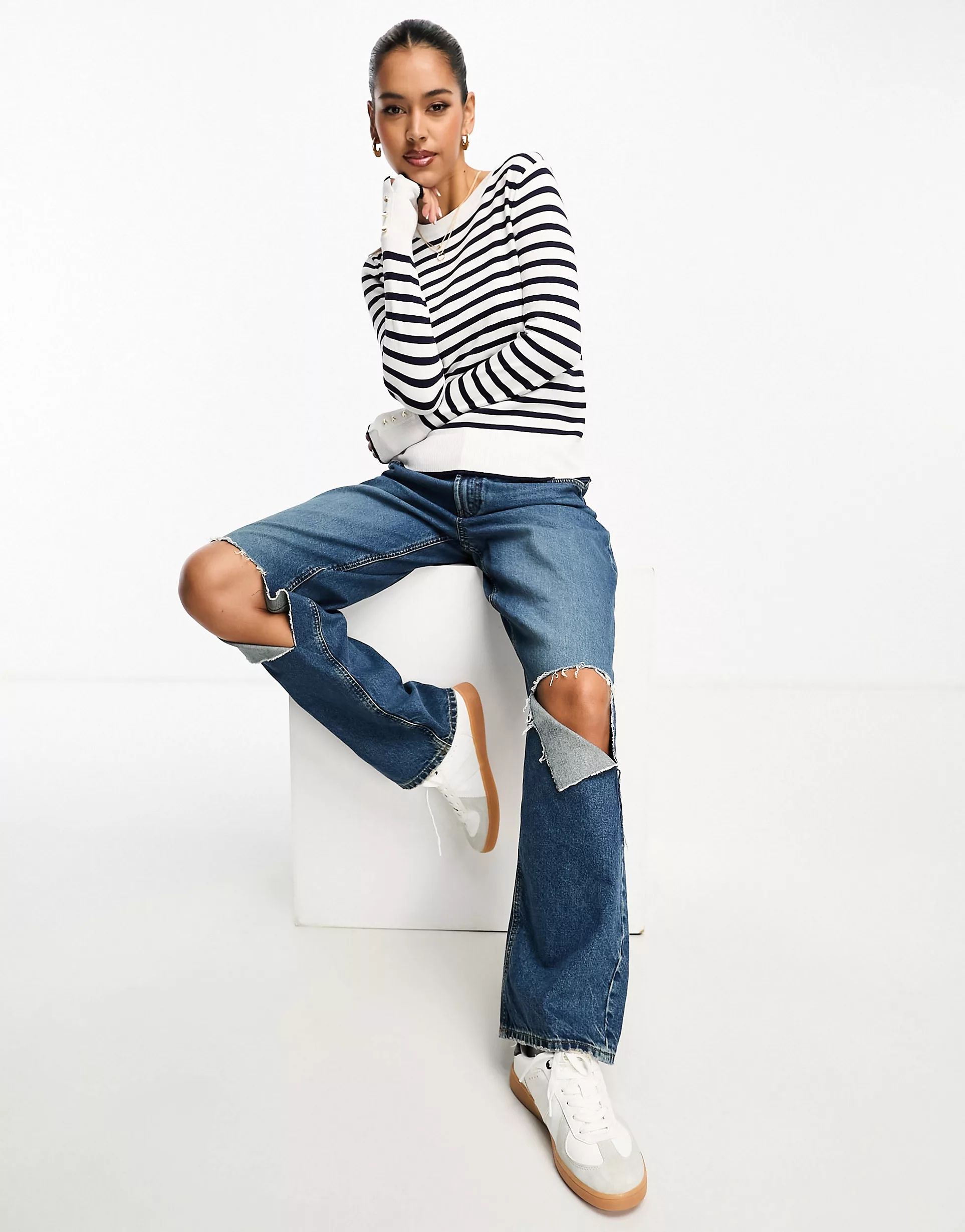 River Island crew neck fine knit top in navy stripe | ASOS | ASOS (Global)