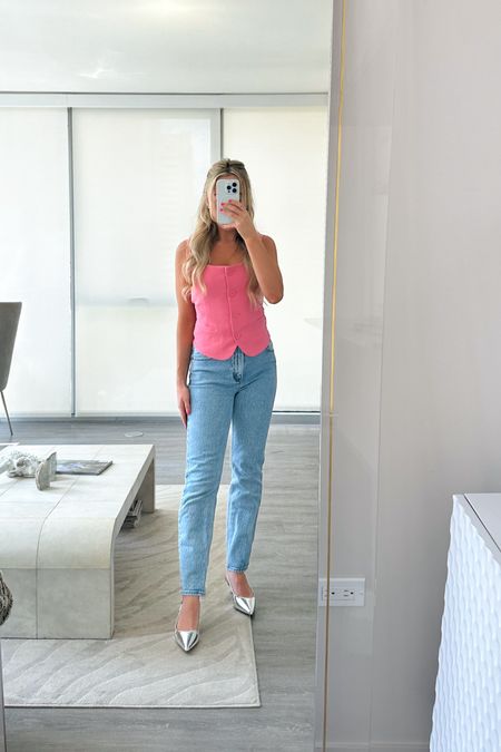 Trendy Workwear Outfit: all exact items under $100 

Metallic slingback outfit, Abercrombie Outfit Vest, Abercrombie 90s high waisted jeans, Steve Madden shoes, silver pointed toe heels, business casual, happy hour outfit, dinner outfit 

#LTKfindsunder100 #LTKworkwear #LTKshoecrush