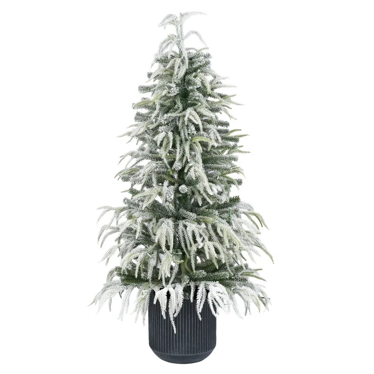 4' Pre-Lit Snow-Flocked Green Artificial Potted Christmas Tree with 70 Warm White LED Lights, by ... | Walmart (US)