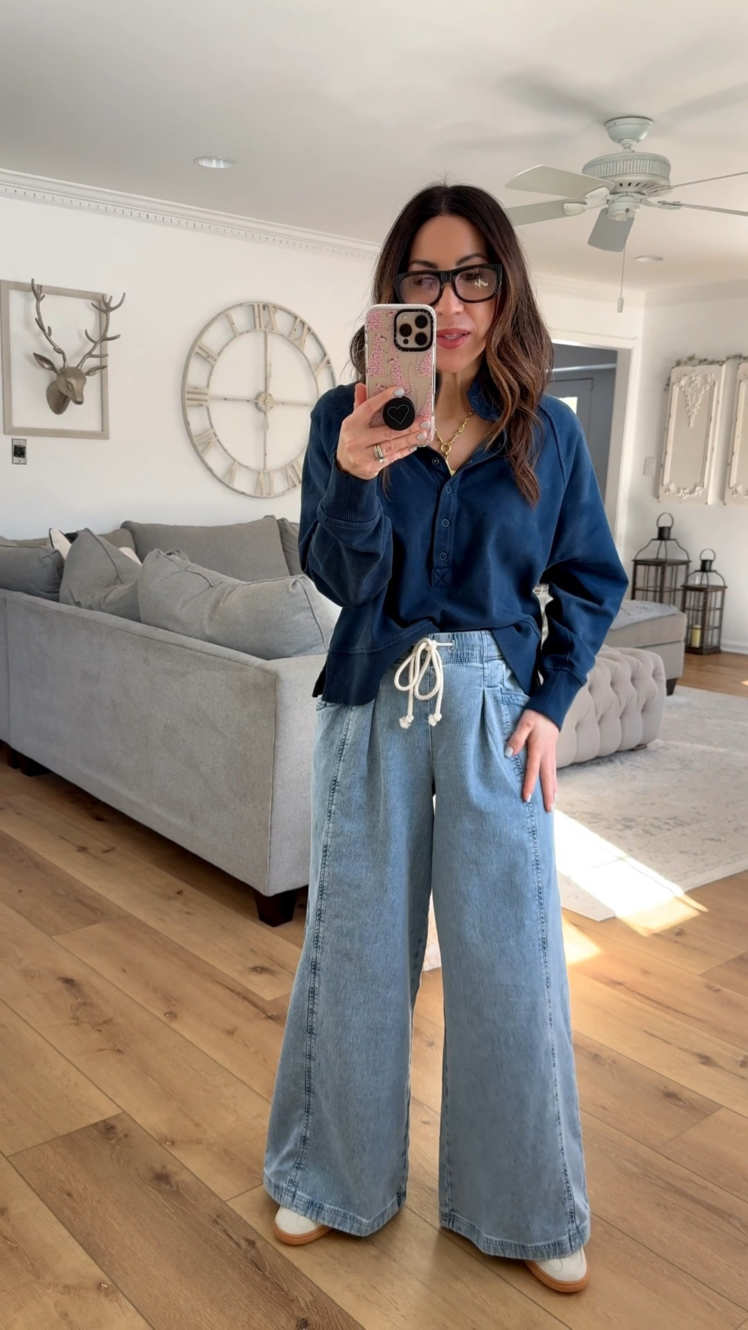 Jewelry code HOUSEOFLEO20. Glasses code TAMMY10AM. Small Henley sweatshirt. Small petite wide leg pants. Sneakers size down. 

Drawstring jeans, lounge jeans, wide leg jeans



#LTKOver40 #LTKPetite #LTKSaleAlert