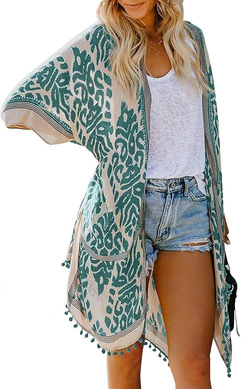 Womens Floral Print Kimono Tassel Casual Cardigan Loose Cover up | Amazon (US)