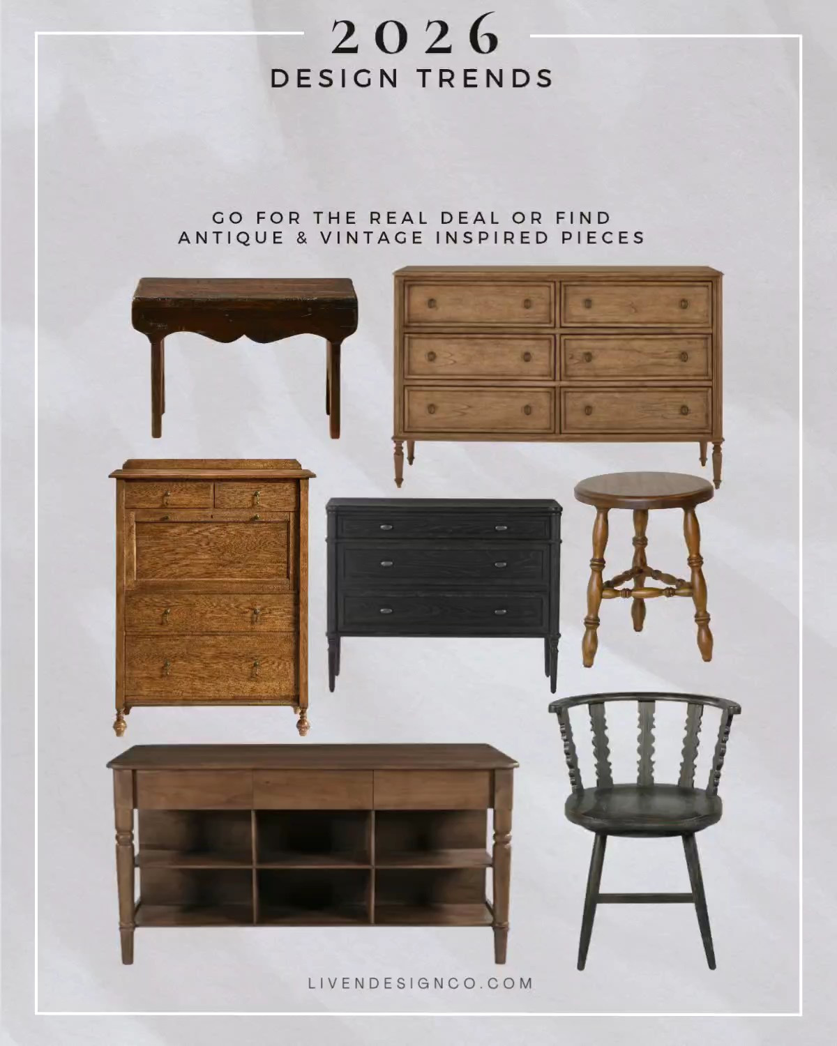 Interior design trends 2026. Vintage furniture. Antique furniture. Antique style dresser. Traditional dresser. Vintage style dining chair. Kitchen island. Nightstand. French style dresser. Accent stool

#LTKSeasonal #LTKHome #LTKSaleAlert