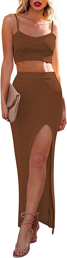 Cutiefox Women's Knit 2 Piece Dress Cami Crop Top High Side Slit Bodycon Long Skirt Set | Amazon (US)