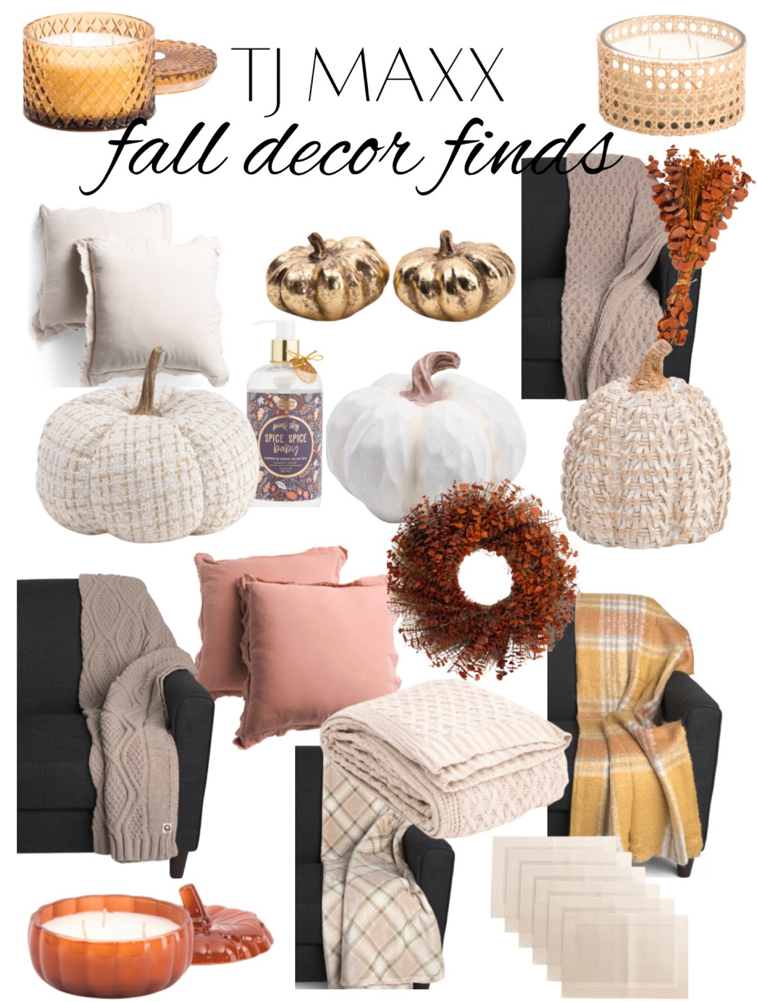 TJ Maxx Fall Decor Finds! Throw pillows, blankets, pumpkins, candles, wreaths, fall stems, etc! 

#LTKSeasonal #LTKhome #LTKunder100