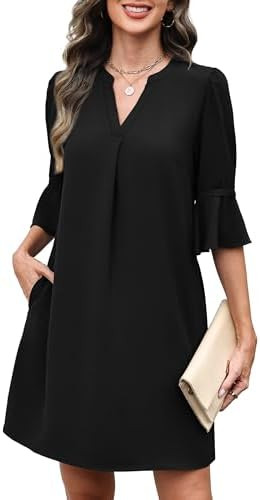 RUMIA Summer Dresses for Women 2026 V Neck Ruffle Short Sleeve Loose Casual Dress with Pockets | Amazon (US)