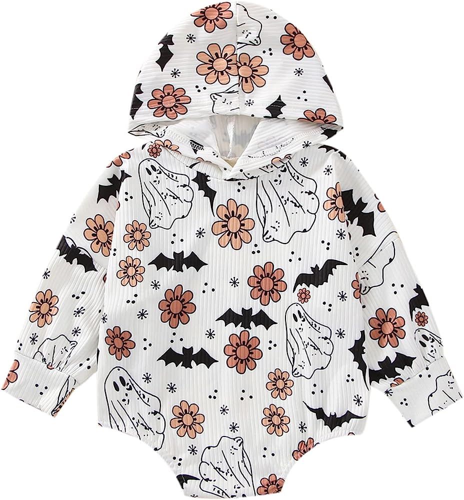 Halloween Outfit Infant Baby Girl Boy Hooded Sweatshirt Romper Onesie Ribbed Ghost Skull Flower B... | Amazon (US)
