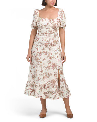 Linen Blend Puff Sleeve Square Neck Smocked Back Empire Midi Dress | TJ Maxx