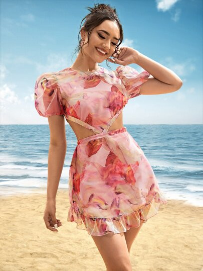 SHEIN Graphic Print Cut Out Tie Back Puff Sleeve Ruffle Hem Dress | SHEIN