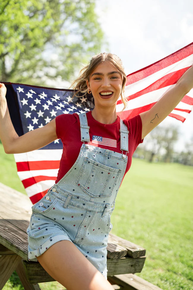 Common Ground Relaxed Fit Star Embroidered Cuffed Overalls | Pink Lily