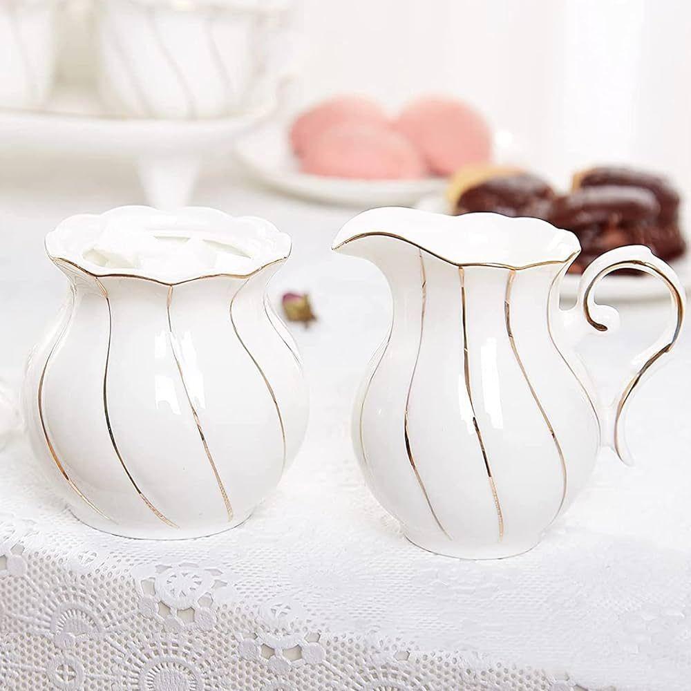 DUJUST White Cream & Sugar Set, Luxury British Design in Golden Trims, 1 Sugar Bowl with Lid (12 ... | Amazon (US)