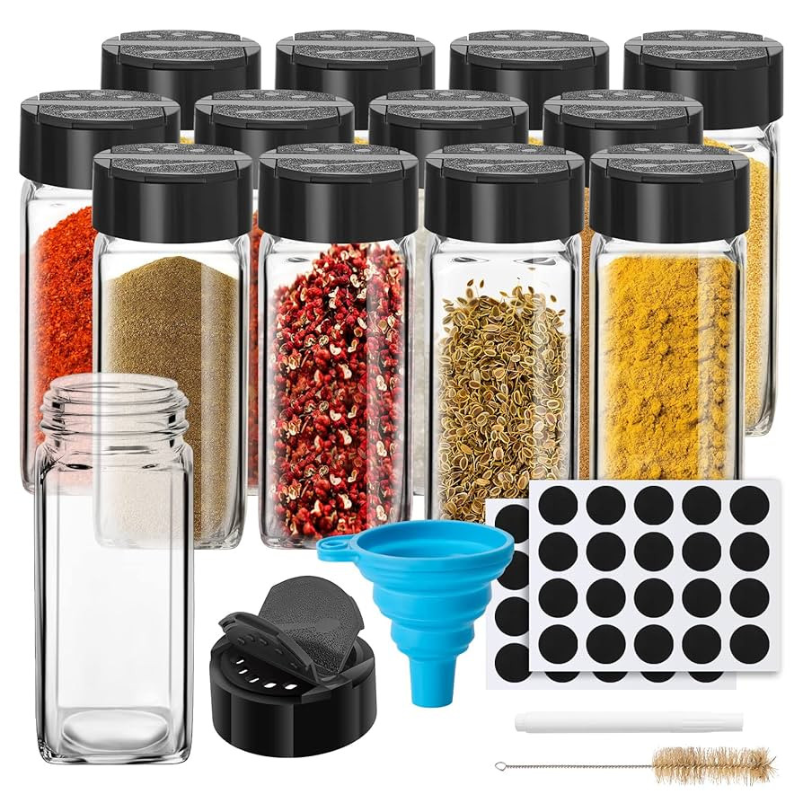 12 Pack Glass Spice Jars with Labels, 4oz Spices Containers Spice Jars with Black Shaker Lids, Em... | Amazon (US)