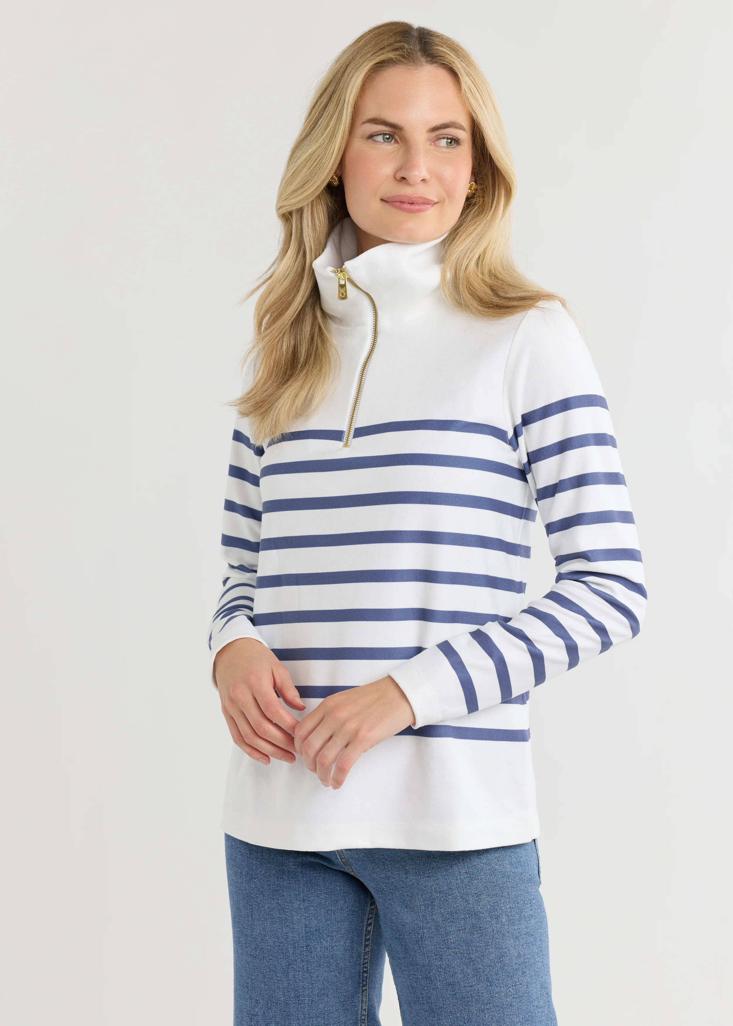 Manchester Pullover in Terry Fleece (White/Velvet Morning Placed Stripe) | Dudley Stephens